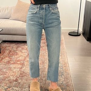 70s High Rise Stove Pipe distressed straight-leg jeans
